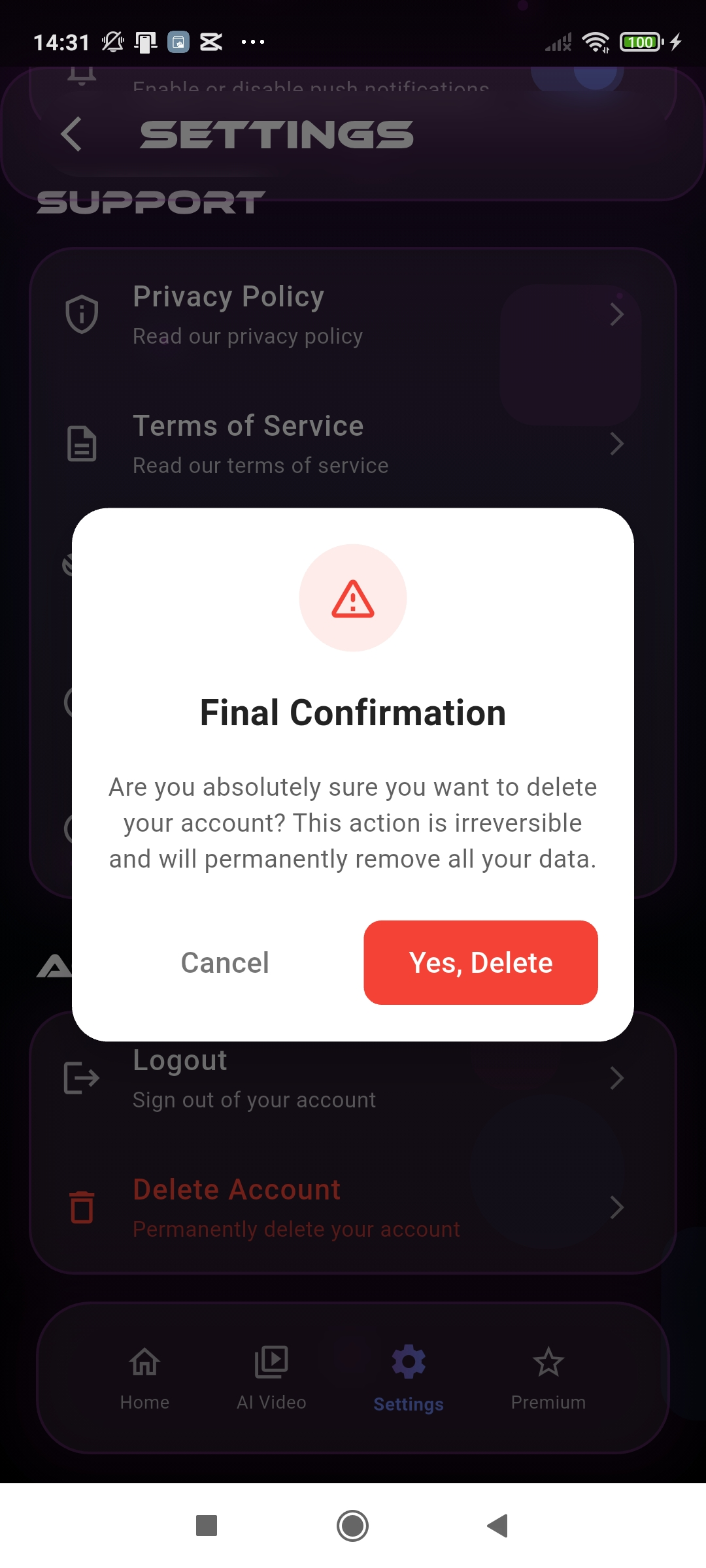 Account deletion screenshot 2